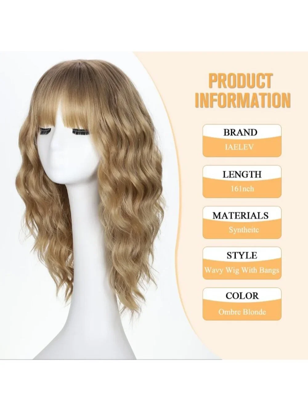 Women's Blonde Ombre 16 Inch Wavy Wig Bangs Shoulder Length Synthetic Hair
